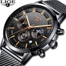 Load image into Gallery viewer, Relogio LIGE Mens Watches Top Brand Luxury Casual Quartz Wristwatch Men Fashion Stainless Steel Waterproof Sport Chronograph+Box