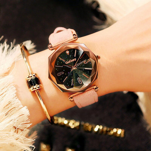 pink star wrist watch with mesh belt